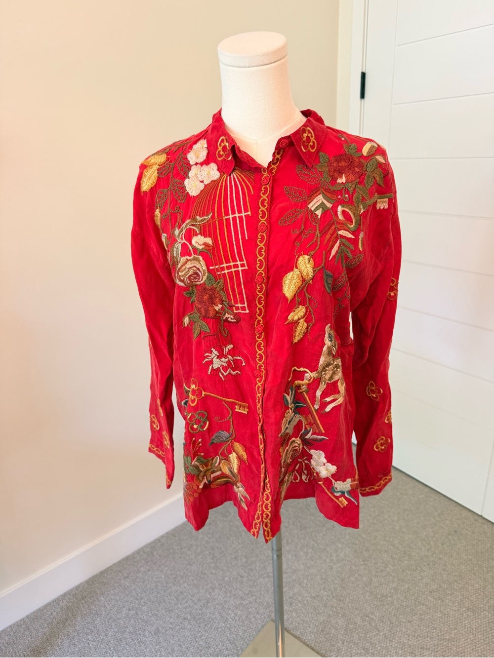 Johnny Was Red Embroidered Floral & Bird Button-Up Blouse